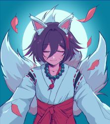 Rule 34 | 1boy, animal ears, cele (310v3), closed eyes, closed mouth, collarbone, commentary, danganronpa (series), danganronpa v3: killing harmony, english commentary, facial mark, falling leaves, fang, fang out, fox ears, fox tail, full moon, green background, hair between eyes, hair ribbon, highres, japanese clothes, jewelry, kimono, leaf, long sleeves, male focus, moon, necklace, oma kokichi, outdoors, red ribbon, ribbon, ribbon-trimmed sleeves, ribbon trim, short hair, smile, solo, tail, upper body, white kimono