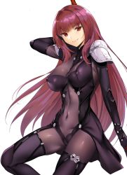 Rule 34 | 1girl, arm behind back, armor, blush, bodysuit, breasts, closed mouth, covered navel, covered erect nipples, fate/grand order, fate (series), highres, impossible clothes, large breasts, long hair, looking at viewer, pauldrons, polearm behind back, purple bodysuit, purple hair, red eyes, scathach (fate), scathach (fate), shoulder armor, simple background, sitting, skin tight, smile, solo, tomohiro kai, very long hair, white background