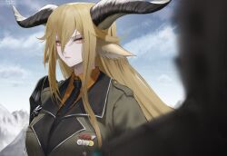 Rule 34 | 1girl, 1other, animal ears, arknights, artist name, black necktie, blonde hair, breasts, closed mouth, cloud, cloudy sky, collared shirt, commentary, day, degenbrecher (arknights), english commentary, goat ears, goat girl, goat horns, green jacket, grey horns, hair between eyes, horns, jacket, lapels, large breasts, long hair, long sleeves, looking at another, looking to the side, medal, military jacket, necktie, orange shirt, outdoors, shirt, sidelocks, silhouette, sky, solo focus, thehprm, upper body, yellow eyes