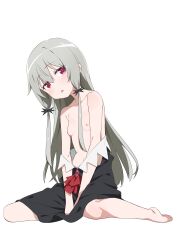 Rule 34 | 1girl, absurdres, barefoot, black dress, breasts, clothes pull, collarbone, commentary request, dress, dress pull, full body, grey hair, highres, long hair, looking at viewer, morisobo, nipples, parted lips, purple eyes, simple background, sitting, small breasts, solo, sophie twilight, tonari no kyuuketsuki-san, white background