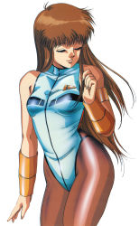 Rule 34 | 1980s (style), 1girl, adjusting hair, armlet, bracer, brown pantyhose, closed eyes, dangaiou, flat chest, highleg, highleg leotard, highres, hirano toshihiro, leotard, light smile, lipstick, long hair, makeup, mia alice, official art, oldschool, pantyhose, retro artstyle, shiny clothes, simple background, solo, standing