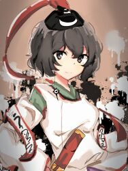 Rule 34 | 1other, androgynous, black eyes, black hair, black headwear, brown background, closed mouth, commentary, detached sleeves, english commentary, eye of senri, eye on hat, hat, hat ribbon, highres, holding rod, huangdouliuhan, japanese clothes, jinbei (clothes), kariginu, layered sleeves, len&#039;en, light smile, long sleeves, looking at viewer, ofuda, ofuda on clothes, paint splatter, red ribbon, ribbon, senri tsurubami, short hair, sketch, upper body, white sleeves