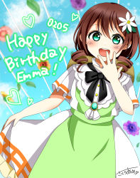 Rule 34 | 1girl, absurdres, apron, aqua eyes, artist name, artist request, back bow, black bow, black bowtie, blue eyes, blue sky, blush, bow, bowtie, braid, breasts, brooch, brown hair, buttons, cloud, collared dress, day, dress, drill hair, emma verde, female focus, flower, freckles, frilled dress, frills, green apron, green bow, hair between eyes, hair flower, hair ornament, hat, hat on back, heart, highres, holding, holding clothes, holding skirt, jewelry, la bella patria, long hair, looking at viewer, love live!, love live! nijigasaki high school idol club, love live! school idol festival, low twintails, medium breasts, outdoors, parted lips, plaid, plaid dress, red hair, sakura ame, sash, shirt, short hair, short sleeves, skirt, sky, smile, solo, sparkle, sun hat, surprised, tareme, twin braids, twin drills, twintails, two-tone dress, white dress, white flower, white skirt, wide sleeves