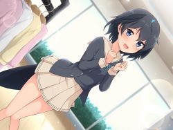 Rule 34 | 1girl, :d, absurdres, alternate costume, beige skirt, black hair, black shirt, blue hair, blurry, blurry background, casual, clenched hands, clothes hanger, commentary, day, depth of field, dutch angle, hair between eyes, hands up, heart, highres, indoors, kemono friends, lens flare, long sleeves, looking at viewer, open mouth, pleated skirt, shiraha maru, shirt, short hair, skirt, smile, solo, superb bird-of-paradise (kemono friends), tail, window