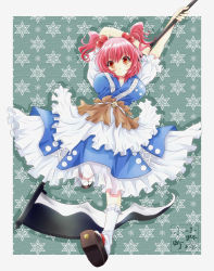 Rule 34 | 1girl, arms up, blue dress, blush, bow, breasts, coin, dress, female focus, hair bow, highres, komiru, large breasts, layered dress, looking at viewer, onozuka komachi, puffy sleeves, red eyes, red hair, sash, scythe, short sleeves, smile, solo, touhou, twintails, two side up, white dress