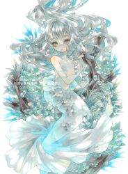 Rule 34 | 1girl, 2023, air bubble, artist name, blue eyes, breasts, bubble, closed mouth, collarbone, dated, floating hair, full body, grey hair, highres, long hair, looking at viewer, mermaid, monster girl, original, signature, simple background, small breasts, solo, tree, underwater, watermark, white background, yoshitaka a3