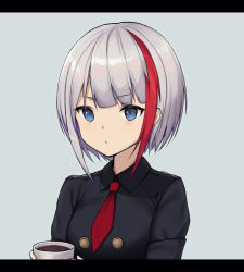 Rule 34 | 1girl, absurdres, admiral graf spee (azur lane), admiral graf spee (girl&#039;s sunday) (azur lane), azur lane, blue eyes, blush, breasts, cup, dress, highres, letterboxed, looking at viewer, mug, multicolored hair, okappa (bobbed001), open mouth, red hair, short hair, sidelocks, silver hair, solo, streaked hair