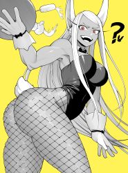 Rule 34 | 1girl, :d, ?, absurdres, animal ears, armpits, ass, bare shoulders, black bow, black bowtie, black leotard, boku no hero academia, bow, bowtie, breasts, bunny day, champagne flute, covered navel, cowboy shot, cup, dark-skinned female, dark skin, detached collar, drinking glass, fishnet pantyhose, fishnets, gloves, greyscale with colored background, highres, holding, holding tray, koyap, large breasts, leotard, long eyelashes, long hair, looking at viewer, mirko, open mouth, pantyhose, rabbit ears, rabbit girl, rabbit tail, red eyes, smile, solo, spilling, strapless, strapless leotard, swept bangs, tail, teeth, thick thighs, thighs, toned, tray, twisted torso, very long hair, white gloves, white hair, yellow background