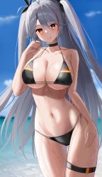 Rule 34 | 1girl, :q, absurdres, antenna hair, azur lane, bare shoulders, bikini, black bikini, black choker, black ribbon, blue sky, blush, breasts, choker, cleavage, closed mouth, cloud, collarbone, commentary, contrapposto, cowboy shot, cross, cross earrings, day, earrings, flag print, german flag, german flag bikini, gluteal fold, grey hair, groin, hair between eyes, hand up, highres, iron cross, jewelry, large breasts, long hair, looking at viewer, multicolored hair, navel, ocean, orange eyes, outdoors, prinz eugen (azur lane), prinz eugen (unfading smile) (azur lane), red hair, ribbon, rk (cc15915r), side-tie bikini bottom, sidelocks, skindentation, sky, smile, solo, standing, stomach, streaked hair, swept bangs, swimsuit, thigh gap, thigh strap, tongue, tongue out, two side up, very long hair, wet