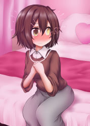 Rule 34 | 1girl, bed, bedroom, brown eyes, brown hair, brown sweater, commentary request, cowboy shot, flying sweatdrops, furutaka (kancolle), glowing, glowing eye, grey skirt, hand over heart, hands on own chest, heterochromia, kantai collection, love hotel, official alternate costume, ouno (nounai disintegration), paid reward available, pillow, short hair, sitting, skirt, solo, sweater, yellow eyes