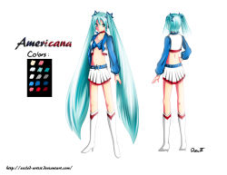 Rule 34 | 1girl, aqua eyes, aqua hair, belt, boots, character sheet, choker, color guide, concept art, exiled-artist, hatsune miku, headphones, headset, highres, long hair, md5 mismatch, microskirt, midriff, multiple views, navel, piapro, resized, resolution mismatch, skirt, smile, source smaller, star (symbol), striped clothes, striped skirt, turnaround, twintails, united states, upscaled, very long hair, vocaloid, white skirt