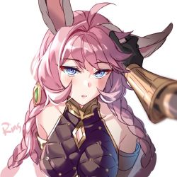 Rule 34 | 1boy, 1girl, :o, ahoge, aki663, animal ears, bare shoulders, blue eyes, blush, braid, breasts, erune, feower (granblue fantasy), gauntlets, gloves, granblue fantasy, hair ornament, hand on another&#039;s head, headpat, long hair, looking at viewer, out of frame, parted lips, pink hair, pov, pov hands, sleeveless, tien (granblue fantasy), very long hair