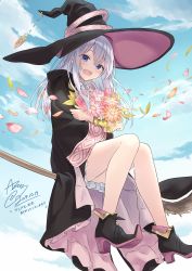 Rule 34 | 1girl, :d, azuuru, bad id, bad twitter id, bare legs, black cloak, black footwear, black hat, blue eyes, blue sky, boots, bouquet, broom, broom riding, cloak, cloud, commentary request, dated, day, elaina (majo no tabitabi), flower, frills, hat, high heel boots, high heels, highres, holding, holding bouquet, hood, hood down, long hair, long sleeves, looking at viewer, majo no tabitabi, open mouth, orange flower, outdoors, petals, pink flower, signature, silver hair, sitting, sky, smile, solo, thighs, wide sleeves, wing collar, witch, witch hat