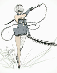 Rule 34 | 1girl, bandages, blindfold, bracer, breasts, chain, cosplay, flower, gloves, high heels, holding, holding weapon, ilea, kaine (nier), kaine (nier) (cosplay), mole, mole under mouth, nier, nier (series), nier:automata, pale skin, short hair, sketch, solo, thigh strap, weapon, white background, white hair, 2b (nier:automata)