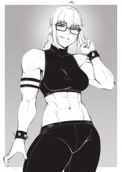 Rule 34 | 1girl, abs, absurdres, antenna hair, bracelet, crop top, freckles, glasses, highres, jewelry, midriff, muscular, muscular female, navel, original, ponytail, sleeveless, smile, solo, speedl00ver, spiked bracelet, spikes, tank top, turtleneck