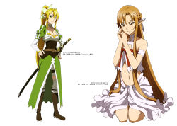 Rule 34 | 10s, 2girls, absurdres, asuna (sao), blonde hair, breasts, brown eyes, brown hair, cleavage, green eyes, hair ornament, highres, katana, leafa, long hair, looking at viewer, multiple girls, navel, official art, pointy ears, ponytail, simple background, smile, sword, sword art online, thighs, titania (sao), toya kento, weapon, white background