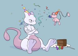 Rule 34 | animal ears, animal hands, birthday, blue background, blue eyes, cake, candle, creatures (company), crossed arms, feet, floating, food, food focus, fork, full body, game freak, gen 1 pokemon, hands up, hat, legendary pokemon, mew (pokemon), mewtwo, mythical pokemon, nintendo, no humans, party hat, party popper, plate, pokemon, pokemon (creature), pokemon rgby, purple eyes, signature, simple background, sitting, size difference, smile, spread legs, tail, text focus, yellowhellion