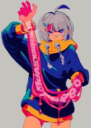 Rule 34 | 1girl, bandaid, bandaid on face, bandaid on nose, blue eyes, blue hoodie, closed mouth, commentary request, cowboy shot, grey background, grey hair, hair ornament, hairclip, highres, hood, hoodie, long sleeves, mago oowarawa, monster girl, multicolored eyes, original, red eyes, short hair, simple background, slime girl, solo