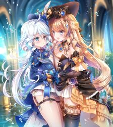 Rule 34 | 2girls, :d, ahoge, black gloves, black headwear, black thighhighs, blonde hair, blue eyes, blue hair, blue headwear, blue jacket, blurry, blurry background, bow, breasts, brown headwear, cccpo, commentary request, depth of field, dress, eye contact, frills, furina (genshin impact), genshin impact, gloves, half gloves, highres, jacket, long hair, looking at another, medium breasts, multicolored hair, multiple girls, navia (genshin impact), open mouth, pleated skirt, sakurano ru, shirt, short shorts, shorts, skirt, smile, streaked hair, thighhighs, tilted headwear, very long hair, water drop, white dress, white hair, white shirt, white shorts, white skirt, yellow bow