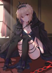 Rule 34 | 1girl, absurdres, artoria pendragon (all), artoria pendragon (fate), ass, black bow, black footwear, black gloves, black jacket, black ribbon, blonde hair, boots, bow, braid, breasts, cleavage, collarbone, commentary request, excalibur morgan (fate), fate/grand order, fate (series), gloves, headpiece, high heels, highres, huge filesize, indoors, jacket, jun (aousa0328), looking at viewer, ribbon, saber alter, sitting, small breasts, solo, sword, thigh boots, thighhighs, weapon, yellow eyes