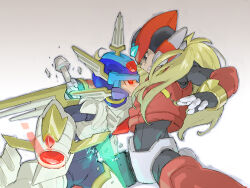 Rule 34 | 2boys, android, arm cannon, armor, battle, black bodysuit, blonde hair, blue helmet, bodysuit, clenched teeth, copy x (mega man), crotch plate, damaged, energy sword, forehead jewel, glowing, glowing eyes, holding, holding sword, holding weapon, impaled, long hair, mechanical wings, mega man (series), mega man zero (series), mito tomiko, multiple boys, red armor, red eyes, red helmet, simple background, sword, teeth, weapon, white armor, white background, wings, z saber, zero(z) (mega man), zero (mega man)