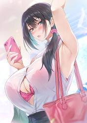 Rule 34 | 1girl, aqua eyes, arm up, armpits, bag, black hair, black skirt, blurry, blush, bottle, bra, breasts, bursting breasts, collared shirt, commentary request, depth of field, ear piercing, hair ornament, hair over shoulder, hair scrunchie, highres, himamo, holding, holding phone, large breasts, lips, long hair, looking at viewer, original, parted lips, phone, piercing, pink bra, scrunchie, shirt, shoulder bag, skirt, sleeveless, solo, standing, teeth, train interior, underwear, upper body, water bottle