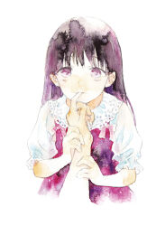Rule 34 | 1girl, 1other, black hair, dress, finger in another&#039;s mouth, hand on another&#039;s arm, lace-trimmed collar, lace trim, long hair, looking at viewer, moekon, original, out of frame, painting (medium), pov, pov hands, puffy short sleeves, puffy sleeves, purple dress, purple eyes, purple hair, shirt, short sleeves, simple background, solo focus, straight-on, traditional media, upper body, watercolor (medium), white background, white shirt