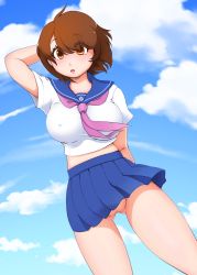 Rule 34 | 1girl, aniya marumi, arm up, bad id, bad pixiv id, blue skirt, blue sky, breasts, brown eyes, brown hair, cloud, covered erect nipples, day, dutch angle, eyes visible through hair, faxbunny, female focus, large breasts, looking at viewer, no panties, no pupils, open mouth, original, outdoors, pleated skirt, pussy, school uniform, serafuku, short hair, skirt, sky, solo, uncensored, upskirt