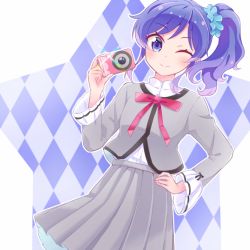 Rule 34 | 1girl, ;), aikatsu!, aikatsu! (series), aiming, aiming at viewer, alternate costume, argyle, argyle background, argyle clothes, blue eyes, blue hair, blue scrunchie, camera, check (check book), commentary request, frilled sleeves, frills, grey jacket, grey skirt, hair ornament, hair scrunchie, hand on own hip, holding, holding camera, jacket, kiriya aoi, looking at viewer, medium skirt, neck ribbon, one eye closed, outline, red ribbon, ribbon, school uniform, scrunchie, shirt, side ponytail, sidelocks, skirt, smile, solo, star (symbol), taking picture, tsukiyo no gakuen school uniform, white outline, white shirt