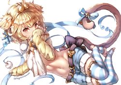 Rule 34 | 10s, 1girl, andira (granblue fantasy), animal ears, antenna hair, artist name, beads, bell, belt, belt buckle, black bow, blonde hair, blue ribbon, blush, bow, buckle, closed mouth, covering own mouth, erune, eyebrows, fur collar, fur trim, granblue fantasy, groin, hairband, horizontal-striped legwear, jingle bell, long sleeves, looking at viewer, magma chipmunk, midriff, monkey ears, monkey tail, navel, pom pom (clothes), red eyes, ribbon, short hair, shorts, smile, solo, stomach, striped clothes, striped thighhighs, tail, tail ornament, tail ribbon, thighhighs, thighs, toeless legwear, toes
