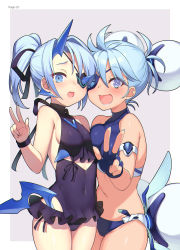 Rule 34 | 2girls, absurdres, bikini, blue eyes, blue hair, breasts, frilled one-piece swimsuit, frills, highres, ice horns, medium breasts, multiple girls, one-piece swimsuit, praxis (xenoblade), simple background, small breasts, swimsuit, theory (xenoblade), umihal, v, white background, xenoblade chronicles (series), xenoblade chronicles 2