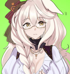 Rule 34 | 1girl, animal ears, biwa hayahide (uchronia architect) (umamusume), biwa hayahide (umamusume), blush, braid, breasts, brown-framed eyewear, brown eyes, brown hat, cleavage, closed mouth, commentary request, frilled shirt, frills, gears, glasses, green background, hair between eyes, hand up, hat, horse ears, jewelry, kuzumochi (kuzumochiya), large breasts, long hair, mini hat, mini top hat, necklace, official alternate costume, puffy short sleeves, puffy sleeves, semi-rimless eyewear, shirt, short sleeves, signature, simple background, single braid, solo, tilted headwear, top hat, umamusume, under-rim eyewear, upper body, white hair, white shirt