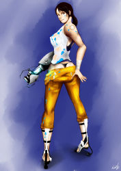 Rule 34 | 1girl, absurdres, aperture science advanced knee replacement, aperture science handheld portal device, ass, black hair, breasts, chell, from behind, highres, iozb, jumpsuit, large breasts, long hair, orange jumpsuit, paint splatter, ponytail, portal, portal (series), portal 1, portal 2, smile, solo, tank top, tattoo, thong, tiptoes, valve