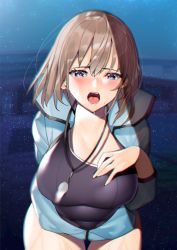 Rule 34 | 1girl, blue eyes, blue jacket, blue one-piece swimsuit, blush, breasts, brown hair, confession, hair between eyes, hand on own chest, highres, jacket, large breasts, leaning forward, looking at viewer, mairudo (mildcoffee1117), medium hair, night, one-piece swimsuit, open mouth, original, pool, solo, swimsuit, thighs, wet, whistle, whistle around neck