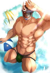 Rule 34 | 1boy, absurdres, algernon (housamo), alternate costume, armpits, bara, colored sclera, cowboy shot, day, green male underwear, helmet, highres, hozu (hozumi), jockstrap, large pectorals, male focus, male underwear, muscular, muscular male, ocean, outdoors, pectorals, red eyes, revealing clothes, sky, solo, standing, sunlight, thick thighs, thighs, tokyo houkago summoners, underwear, yellow sclera