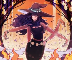 Rule 34 | 1girl, armlet, artist name, belt, black skirt, blue eyes, bracelet, commentary, cowboy shot, english commentary, extra arms, falling petals, fire, floating hair, hana hana no mi, hand on own hip, hat, jewelry, long hair, looking to the side, mewiyev, nico robin, one piece, orange background, petals, skirt, smile, solo, tree, witch hat