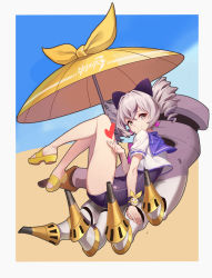 Rule 34 | 1girl, absurdres, alexyu2009, alternate costume, blue sky, bronya zaychik, bronya zaychik (valkyrie chariot), closed mouth, cloud, cloudy sky, disembodied hand, dress, drill hair, earrings, floating, grey eyes, grey hair, hair between eyes, heart, highres, honkai (series), honkai impact 3rd, jewelry, looking at another, looking at viewer, mechanical arms, project bunny, sand, sandals, sitting, sky, smile, solo, summer, summer uniform, sundress, twin drills, umbrella