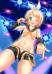 Rule 34 | 1girl, :d, arm warmers, belt, blonde hair, blush, breasts, buckle, concert, detached collar, dutch angle, female focus, finger gun, from below, green eyes, hair ornament, hair ribbon, highres, kagamine rin, looking at viewer, looking down, microphone, navel, neckerchief, nipples, nottytiffy, one eye closed, open fly, open mouth, panties, ribbon, sailor collar, short hair, short shorts, shorts, small breasts, smile, solo, stage lights, topless, underwear, vocaloid, wink