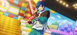 Rule 34 | 1boy, blue hair, cloud, ensemble stars!, eyes visible through hair, fingerless gloves, gloves, green pants, hair between eyes, happy elements, high collar, holding, holding microphone, jacket, light, long sleeves, male focus, microphone, official art, open mouth, pants, polka dot, sazanami jun, short hair, solo, stage lights, star (symbol), third-party source, yellow eyes