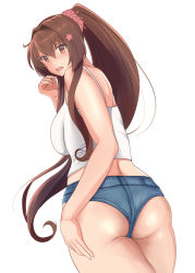 Rule 34 | 1girl, absurdres, alternate costume, ass, baji toufuu (bajitohfu), bare shoulders, breasts, brown eyes, brown hair, cherry blossoms, commentary, cowboy shot, female focus, from behind, hand up, highres, kantai collection, large breasts, long hair, looking at viewer, looking back, open mouth, ponytail, short shorts, shorts, simple background, solo, tank top, white tank top, yamato (kancolle)