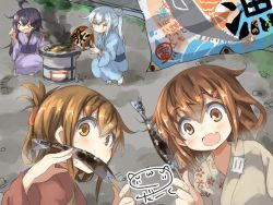 Rule 34 | &gt; &lt;, 10s, 4girls, akatsuki (kancolle), artist name, brown eyes, brown hair, closed eyes, commentary request, cooking, darkside, fang, fish, fish in mouth, folded ponytail, grill, grilling, hair ornament, hairclip, hand fan, hibiki (kancolle), ikazuchi (kancolle), inazuma (kancolle), japanese clothes, kantai collection, kimono, long hair, looking at viewer, multiple girls, obi, open mouth, paper fan, ponytail, purple hair, sash, saury, shichirin, short hair, silver hair, squatting, tairyou-bata, uchiwa, yukata