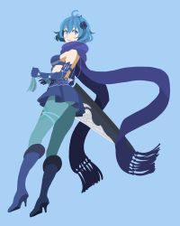 Rule 34 | 1girl, aqua pantyhose, black flower, blue background, blue eyes, blue hair, boots, closed mouth, drag-on dragoon, drag-on dragoon 3, elbow gloves, flower, gloves, gradient background, hair between eyes, hair flower, hair ornament, high heel boots, high heels, highres, holding, holding sword, holding weapon, pantyhose, purple footwear, purple gloves, purple scarf, scarf, short hair, solo, sword, toufu (toufu 53), two (drag-on dragoon), weapon