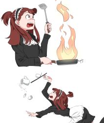 Rule 34 | 10s, 1girl, alternate costume, ar jart, artist name, brown eyes, brown hair, burning, commentary, enmaided, flambe, frying pan, highres, kagari atsuko, little witch academia, maid, ponytail, solo, spatula, surprised, tea set, tripping