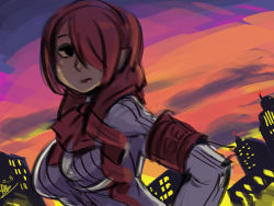 Rule 34 | 1girl, alex ahad, armband, atlus, bow, breasts, cityscape, dusk, hair over one eye, kirijou mitsuru, large breasts, persona, persona 3, red hair, signature, sketch, solo, sunset, upper body