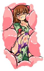 Rule 34 | 1girl, blush, brown hair, dissolving clothes, female focus, lowres, lying, namaenazo, solo, vore