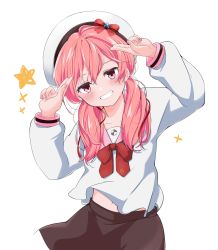 Rule 34 | .live, 1girl, absurdres, alternate costume, beret, blush, collarbone, hair ornament, hat, highres, kitakami futaba, looking at viewer, low twintails, navel, pink hair, red eyes, school uniform, simple background, solo, tanabata stew, twintails, virtual youtuber, white background