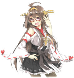 Rule 34 | 10s, 1girl, ahoge, bespectacled, brown hair, cropped legs, detached sleeves, glasses, hairband, highres, japanese clothes, kantai collection, kongou (kancolle), long hair, nontraditional miko, open mouth, pantyhose, personification, red-framed eyewear, semi-rimless eyewear, simple background, solo, tomo futoshi, under-rim eyewear