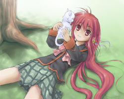 Rule 34 | 1girl, arms up, bow, bowtie, cat, field, grass, green skirt, lennon, little busters!, long sleeves, lying, natsume rin, on back, outdoors, outstretched arms, pink bow, pink bowtie, plaid, plaid skirt, plant, pleated skirt, satou takeshi, skirt, solo, tree, under tree