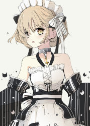 Rule 34 | 1girl, absurdres, alternate costume, apron, azur lane, bare shoulders, braid, breasts, collarbone, commentary request, detached sleeves, eyes visible through hair, french braid, grey background, hair over one eye, highres, japanese clothes, kimono, looking at viewer, maid, maid headdress, obi, open mouth, sash, sheffield (a moment&#039;s respite) (azur lane), sheffield (azur lane), short hair, sidelocks, silver hair, simple background, small breasts, solo, ten0309ten, turning head, waist apron, wide sleeves, yellow eyes, yukata