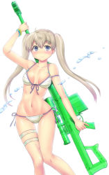 Rule 34 | 1girl, anti-materiel rifle, arm up, bare shoulders, barrett m82, bikini, blonde hair, blue eyes, blush, bracelet, breasts, breasts apart, collarbone, commentary request, gun, halterneck, hase yu, jewelry, little armory, long hair, looking at viewer, medium breasts, navel, rifle, side-tie bikini bottom, simple background, smile, sniper rifle, solo, standing, string bikini, striped bikini, striped clothes, swimsuit, teruyasu maria, thigh gap, thigh strap, tomytec, twintails, water, water gun, weapon, white background